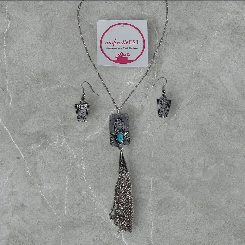 NWT Nadine West Silver Thunderbird with Faux Turquoise Stone Necklace & ER Set